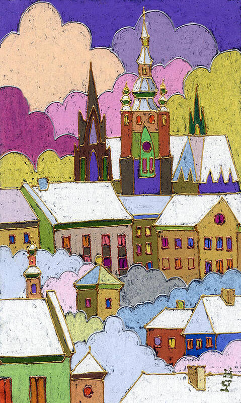 Pastel Poster featuring the painting Prague Old Roofs Prague Castle Winter by Yuriy Shevchuk