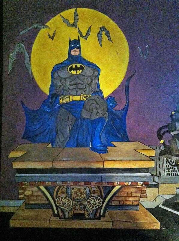 Moon Poster featuring the painting Batman on the Roof Top by Brenda Brown