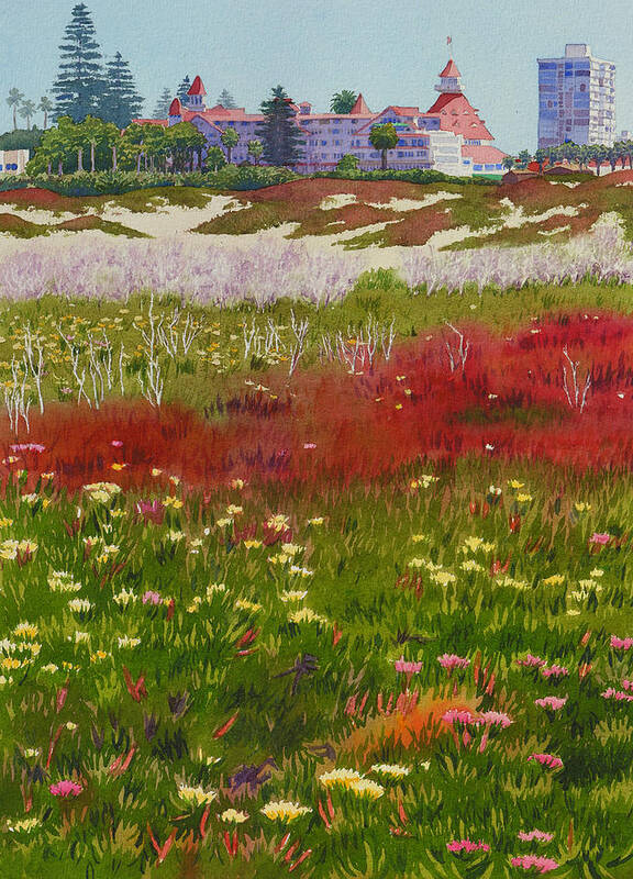 Landscape Poster featuring the painting Beach Flowers at the Del by Mary Helmreich