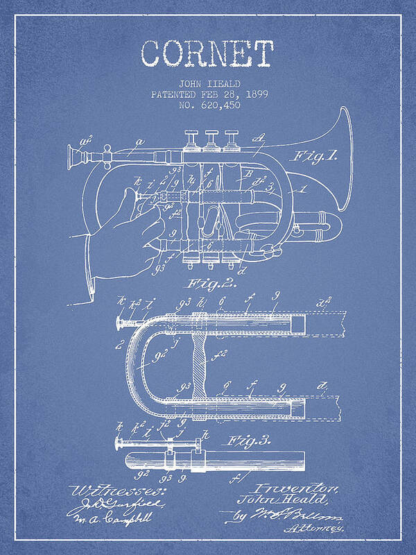 Cornet Poster featuring the digital art Cornet Patent Drawing from 1899 - Light Blue by Aged Pixel