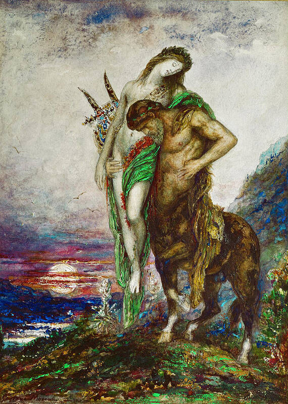 Gustave Moreau Poster featuring the drawing Dead poet borne by centaur #1 by Gustave Moreau