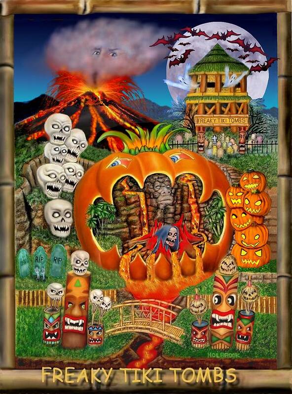 Halloween Art Poster featuring the digital art Freaky Tiki Tombs #1 by Glenn Holbrook