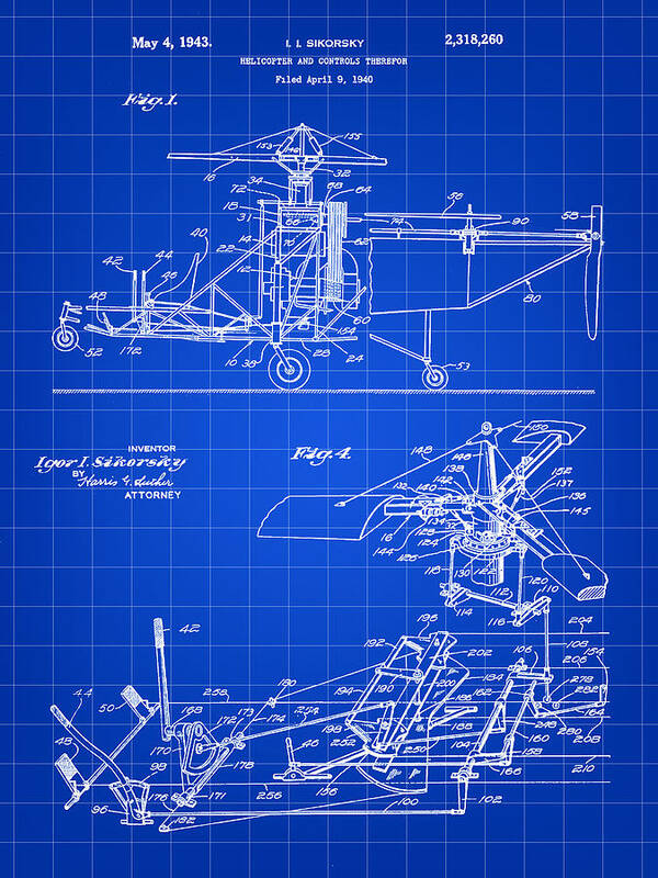 Helicopter Poster featuring the digital art Helicopter Patent 1940 - Blue by Stephen Younts