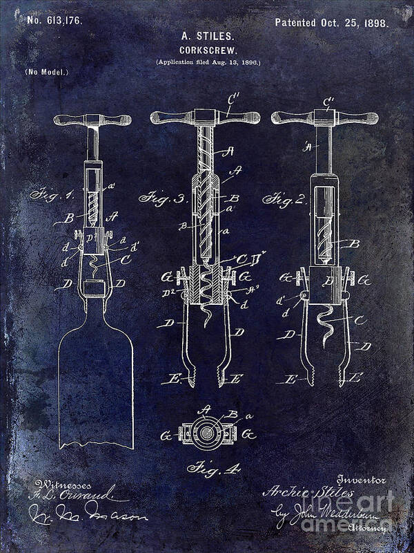 Corkscrew Patent Drawing Poster featuring the photograph 1898 Corkscrew Patent Drawing by Jon Neidert
