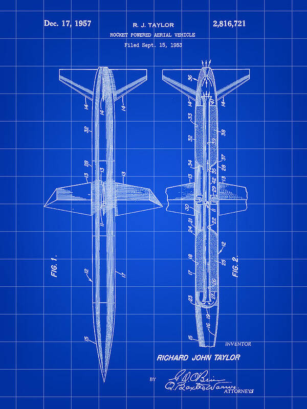 Rocket Poster featuring the digital art Rocket Patent 1953 - Blue by Stephen Younts