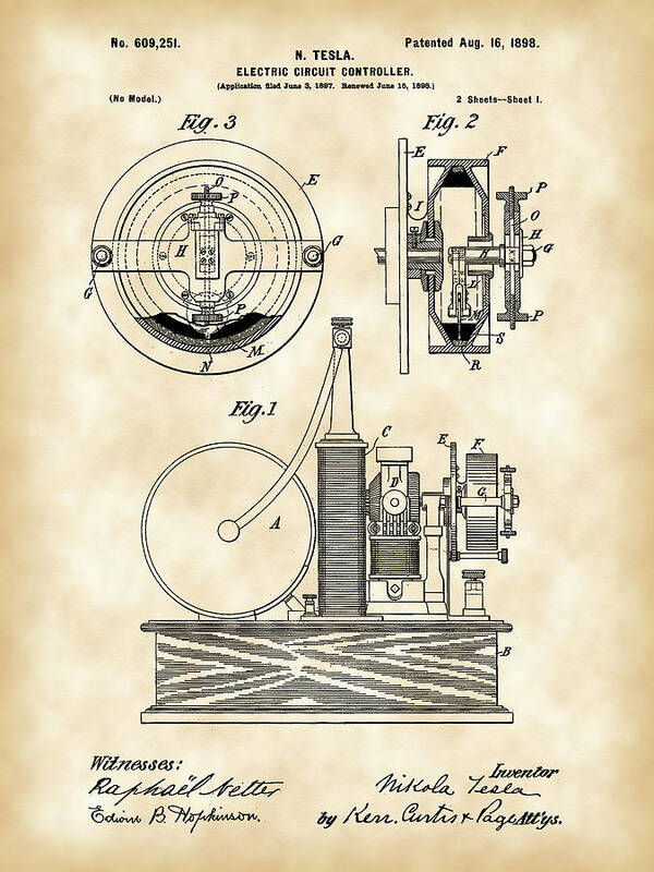 Tesla Poster featuring the digital art Tesla Electric Circuit Controller Patent 1897 - Vintage by Stephen Younts