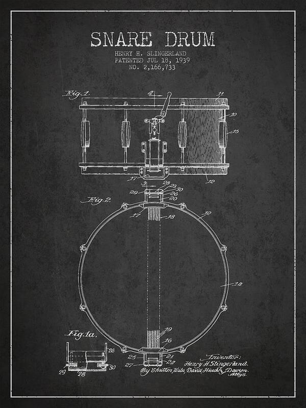 Snare Drum Poster featuring the digital art Snare Drum Patent Drawing from 1939 - Dark by Aged Pixel