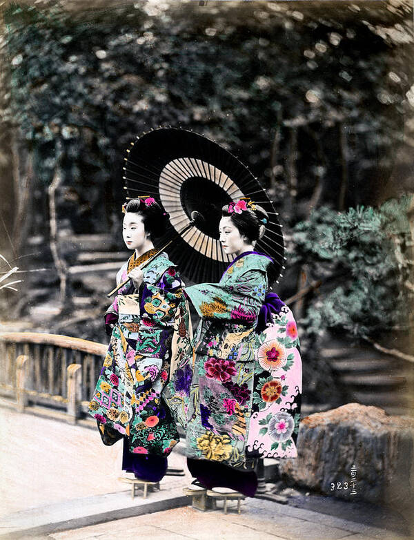 Retro Poster featuring the photograph 1870 Two Geisha Girls under Umbrella by Historic Image