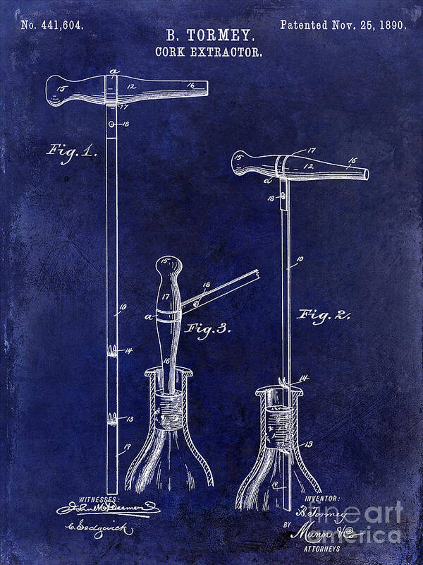 Patent Poster featuring the photograph 1890 Cork Extractor Patent Drawing Blue by Jon Neidert