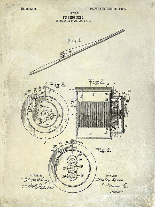 Fishing Reel Poster featuring the photograph 1906 Fishing Reel Patent by Jon Neidert