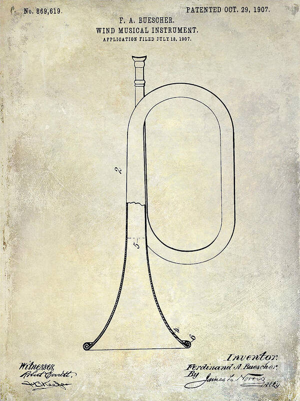 Trumpet Patent Poster featuring the photograph 1907 Bugle Patent Drawing by Jon Neidert