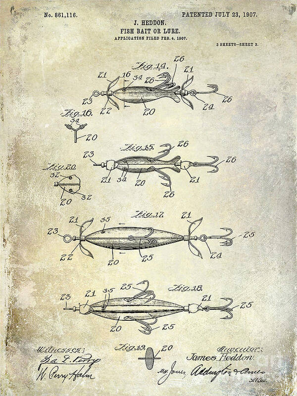Fly Fishing Lure Poster featuring the photograph 1907 Fishing Lure Patent by Jon Neidert