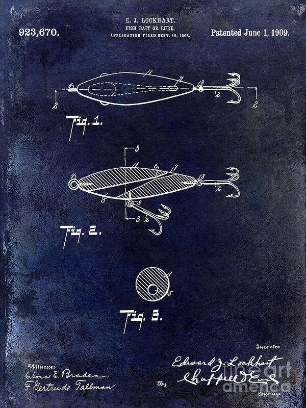 1909 Fishing Lure Patent Drawing Blue Poster by Jon Neidert - Pixels Merch