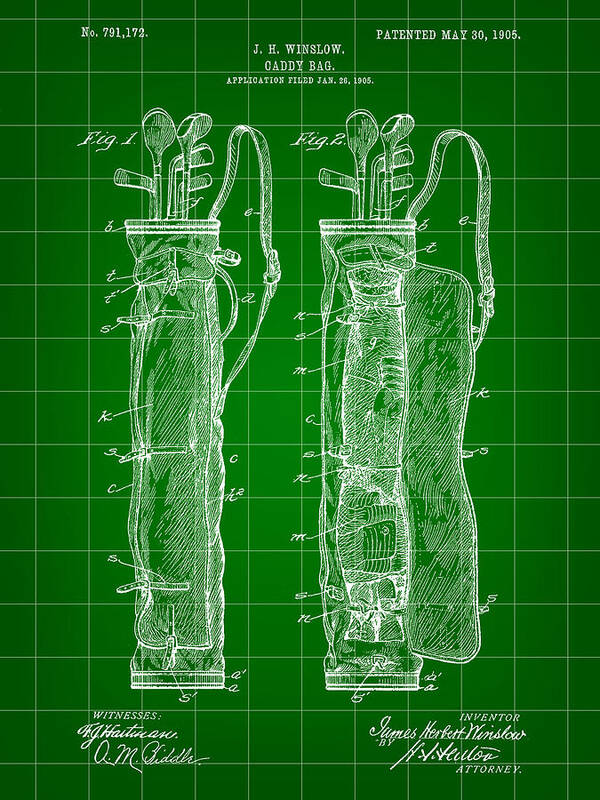 Patent Poster featuring the digital art Golf Bag Patent 1905 - Green by Stephen Younts
