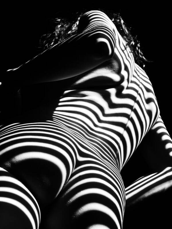 Black And White Poster featuring the photograph 2070 Nude Woman Zebra Stripes from Below  by Chris Maher