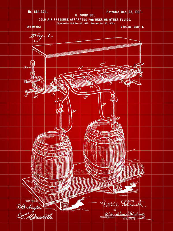 Pressure Poster featuring the digital art Pressure Apparatus for Beer Patent 1897 - Red by Stephen Younts