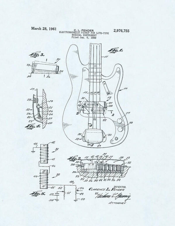 Electric Poster featuring the drawing Guitar Patent Drawing on blue background #5 by Steve Kearns