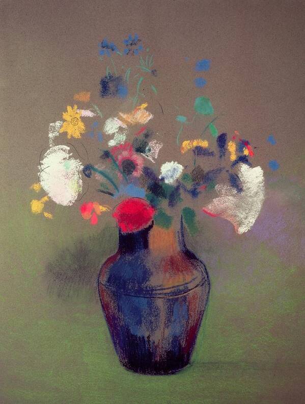 Vase De Fleurs Poster featuring the pastel Vase of Flowers by Odilon Redon