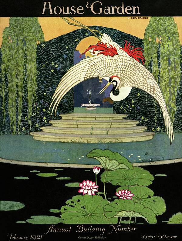 Illustration Poster featuring the photograph A House And Garden Cover A Bird Over A Pond by H. George Brandt