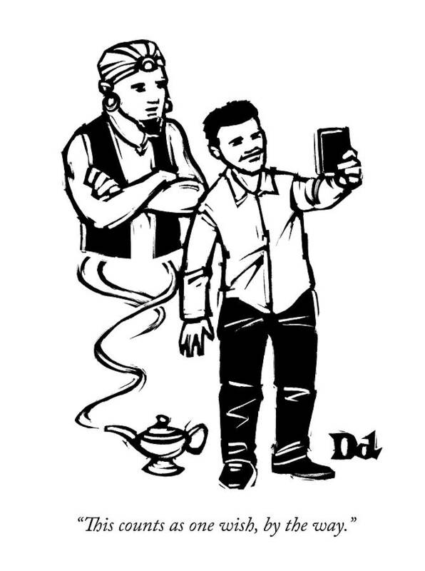 Genie Poster featuring the drawing A Man Takes A Cell Phone Selfie With A Genie by Drew Dernavich