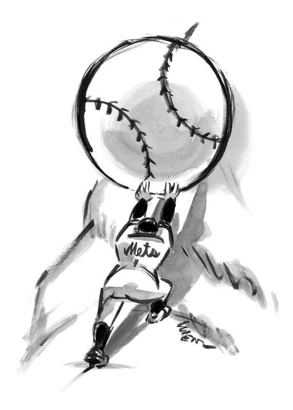 Sisyphus Poster featuring the drawing A Mets Player Pushes A Giant Baseball by Lee Lorenz