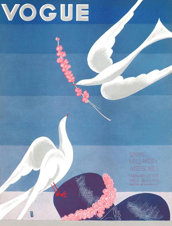 Animalflowersillustrationvoguemagazine Covermagazinevintageretronobodytextanimal Representationbirdanimalsflyingmid-airspread Wingshatflowerplantspinkanimal Themesperchinganimal Behaviortogethernessdove #condenastvoguecover February 15th 1933 Poster featuring the photograph A Vintage Vogue Magazine Cover Of A Dove by Eduardo Garcia Benito