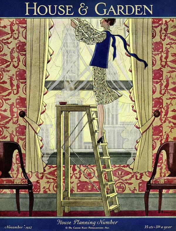 House And Garden Poster featuring the photograph A Young Matron Adjusting Curtains by Pierre Mourgue