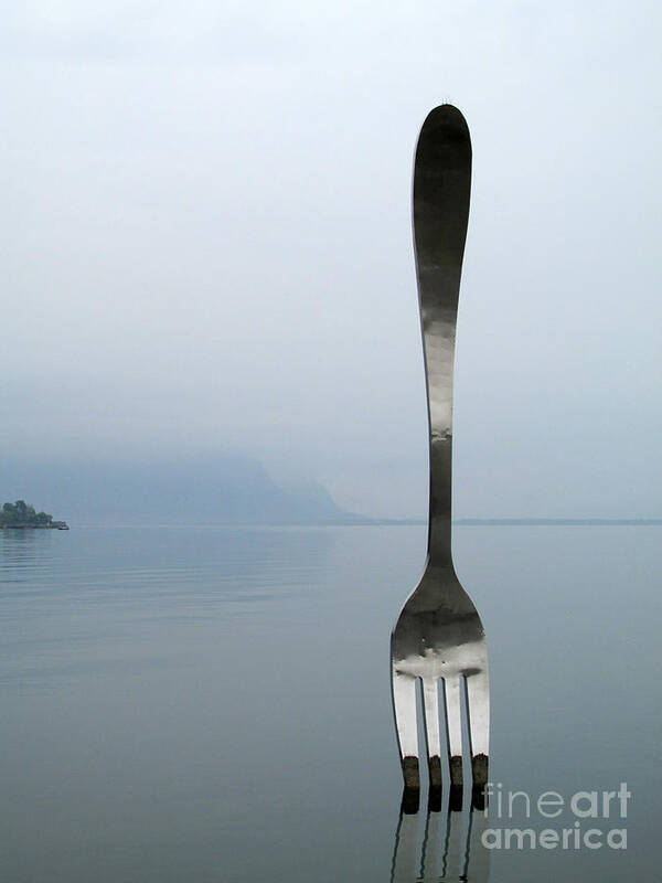Fork In Lake Geneva Poster featuring the photograph Alimentarium Fork by Lynellen Nielsen