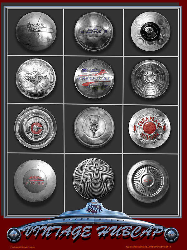 Transportation Poster featuring the digital art American Vintage Automobile Hubcaps by Larry Butterworth