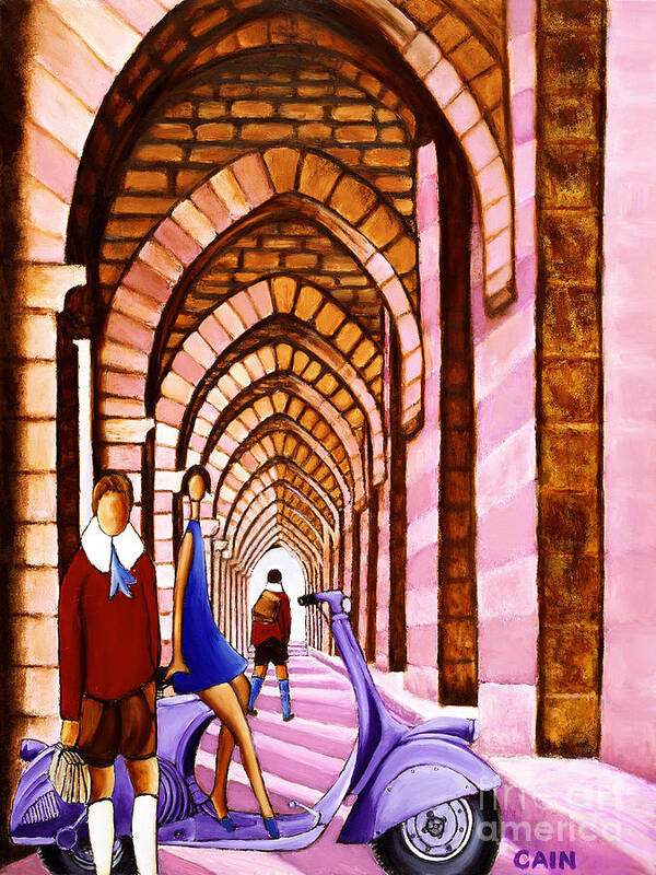 Mediterranean Village Life Poster featuring the painting Arches Vespa And Flower Girl by William Cain