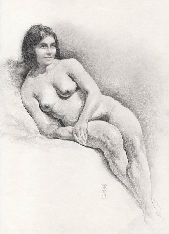 Female Nude Poster featuring the drawing Art Model Lounging on Her Right Side by Scott Kirkman