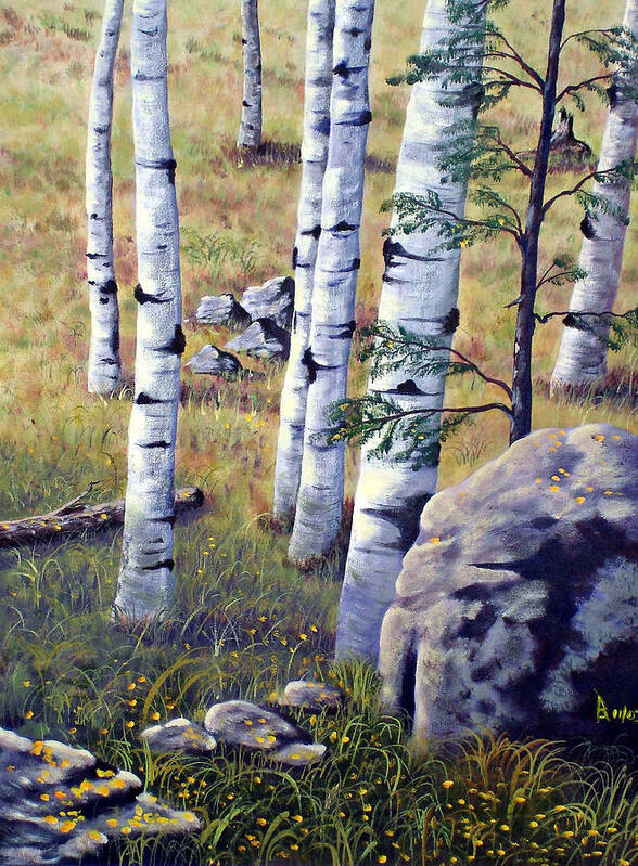 Aspens Trees Arizona Rockies Autumn Leaves Colors Nature Fall Outdoors Beautiful Beauty Forest Colorful Mountains Flora Outdoor Landscape Poster featuring the painting Under the Aspens by Ray Nutaitis