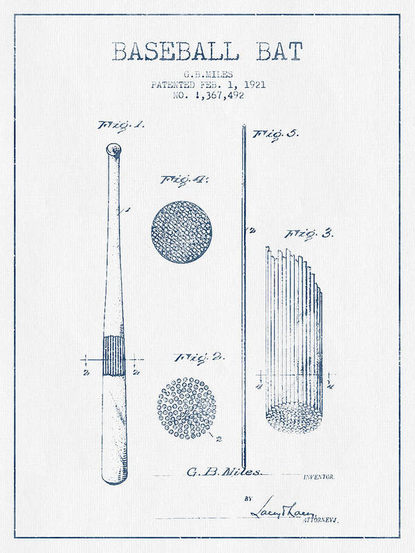 Baseball Poster featuring the digital art Baseball Bat Patent Drawing From 1921 - Blue Ink by Aged Pixel