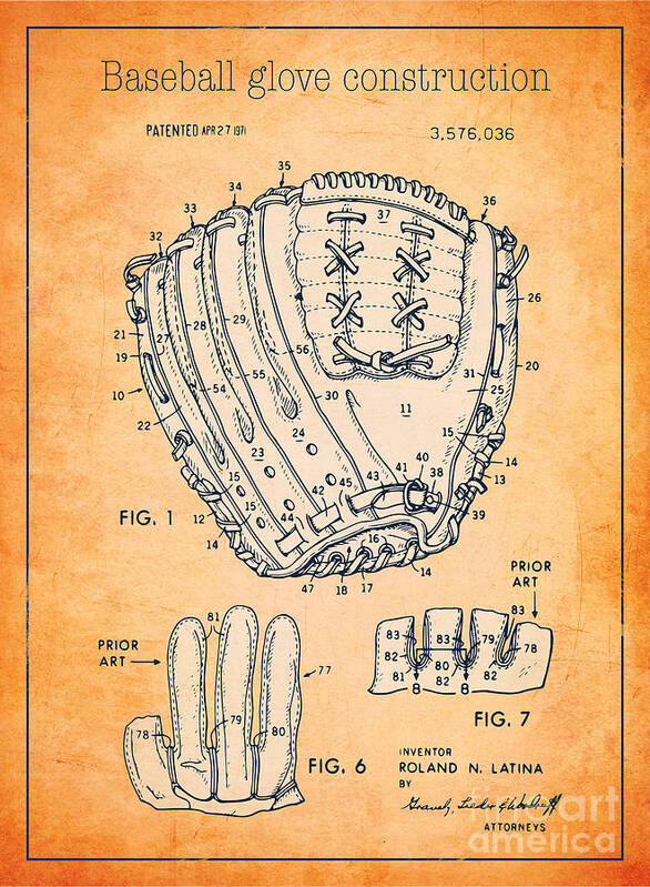 Baseball Poster featuring the digital art Baseball glove construction patent orange - US 3576036 A by Evgeni Nedelchev