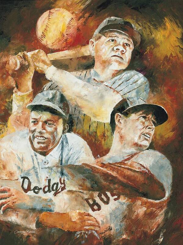 Sports Poster featuring the painting Baseball Legends Babe Ruth Jackie Robinson and Ted Williams by Christiaan Bekker