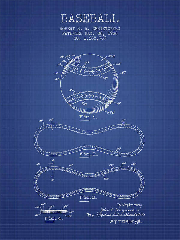 Baseball Poster featuring the drawing Baseball Patent From 1928 - Blueprint by Aged Pixel