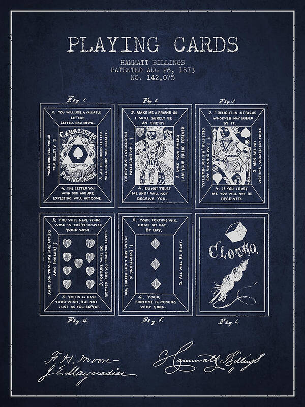 Cards Poster featuring the digital art Billings Playing Cards Patent Drawing From 1873 - Navy Blue by Aged Pixel