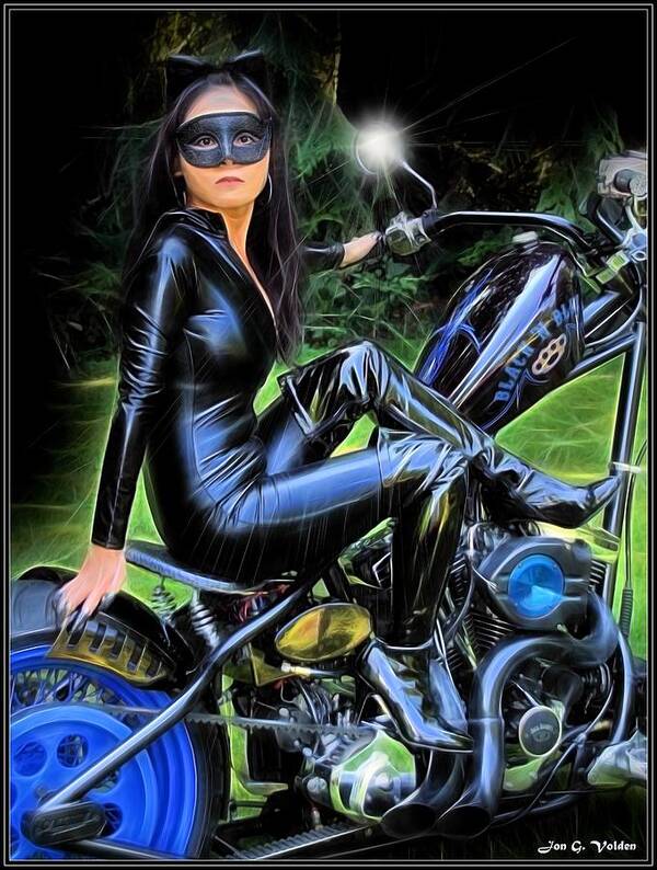Cat Poster featuring the painting Black and Blue Cat Woman by Jon Volden