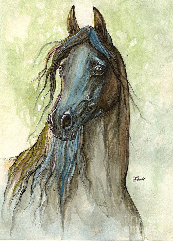 Horse Poster featuring the painting Black Arabian Horse Portrait by Ang El