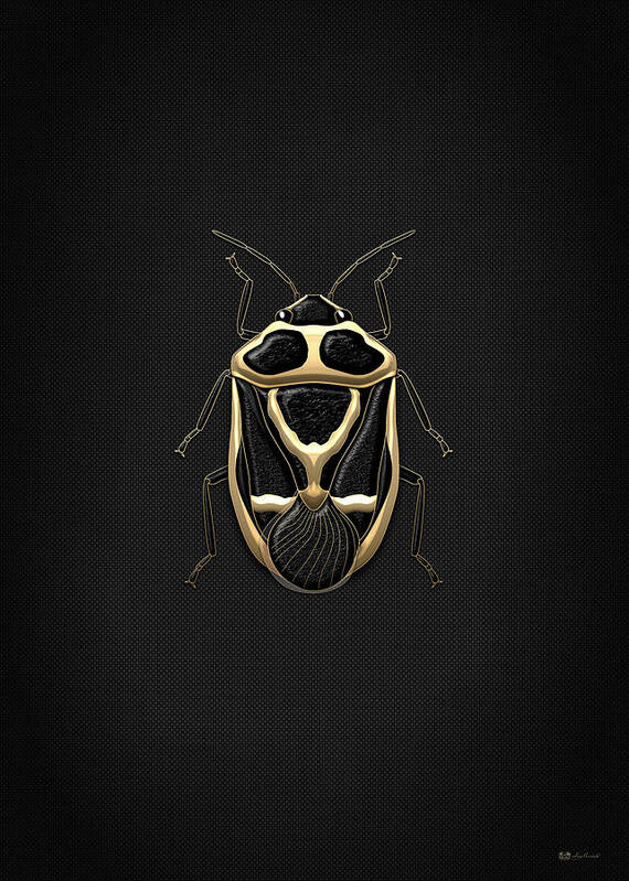 Beasts Creatures And Critters Collection By Serge Averbukh Poster featuring the digital art Black Shieldbug with Gold Accents on Black Canvas by Serge Averbukh
