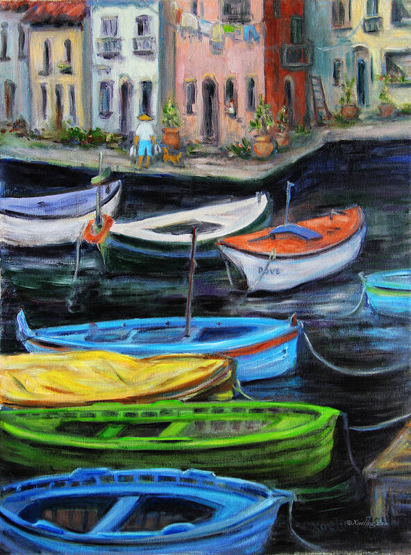 Village Poster featuring the painting Boats in front of the Buildings II by Xueling Zou