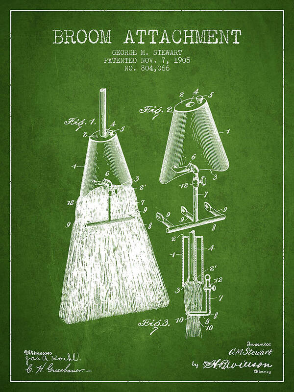 Broom Poster featuring the digital art Broom Attachment Patent from 1905 - Green by Aged Pixel
