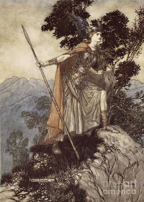 Der Ring Des Nibelungen; The Ring Of The Nibelung; Myth; Legend; Opera; The Ring Cycle; Die Walkure; Richard Wagner; Viking; Norse Mythology; Female; Warrior; Brunhilde; Brynhildr; Spear; Armour; Strength; Powerful; Femme Fatal Poster featuring the drawing Brunnhilde from The Rhinegold and the Valkyrie by Arthur Rackham