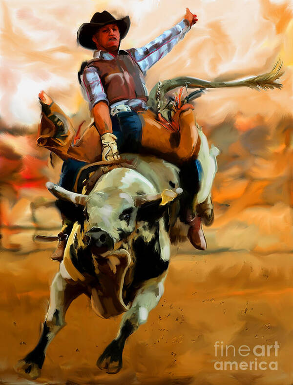 Bull Riding Poster featuring the painting Bullriding-001 by Tim Gilliland