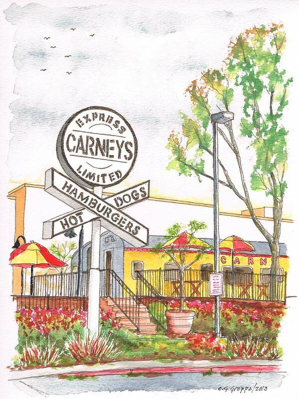 Carneys Poster featuring the painting Carneys Hamburgers and Hot Dogs in Studio City, California by Carlos G Groppa