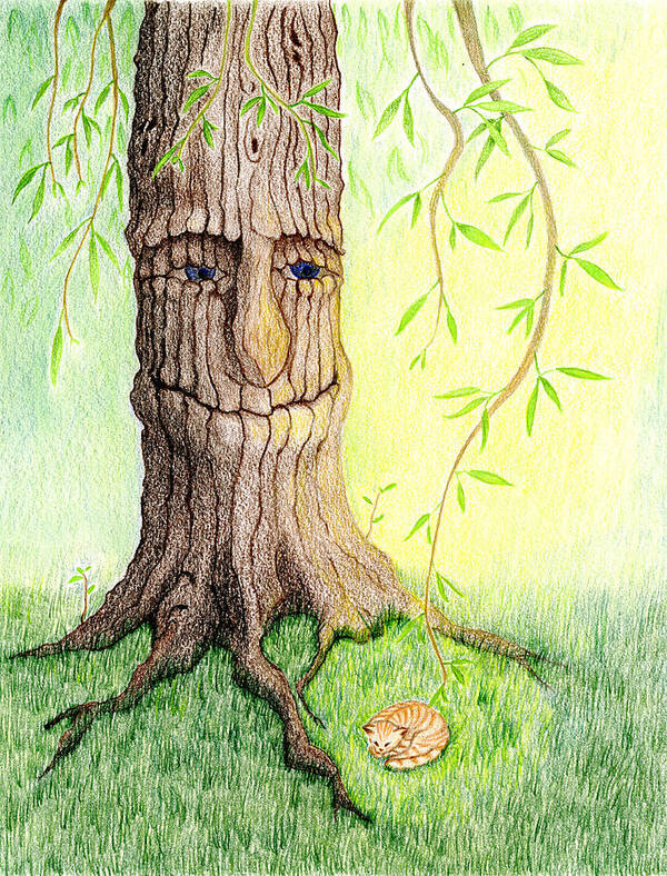 Ginger Kitten Poster featuring the drawing Cat and Great Mother Tree by Keiko Katsuta