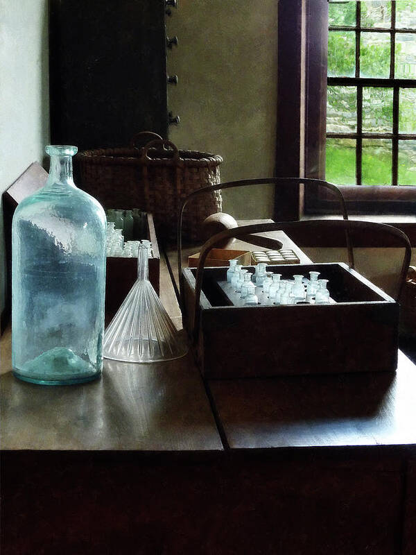 Glassware Poster featuring the photograph Chemist - Bottles of Chemicals in a Wooden Box by Susan Savad