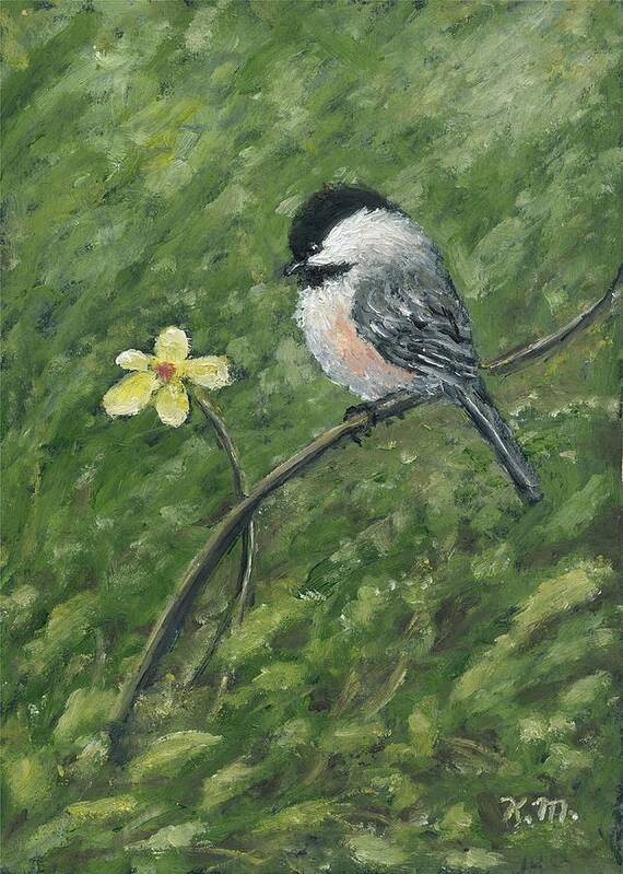 Chickadee Poster featuring the painting Chickadee and Yellow Flower by Kathleen McDermott