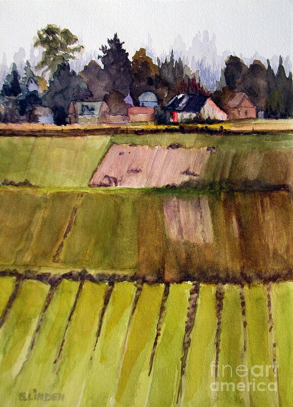 Farmland Poster featuring the painting Coming out of the fog Skagit Valley WA by Sandy Linden