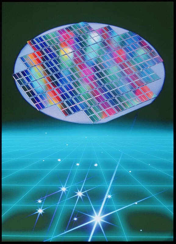 Semiconductor Wafer Poster featuring the photograph Computer Artwork Of Semiconductor Wafer Above Grid by Alfred Pasieka/science Photo Library